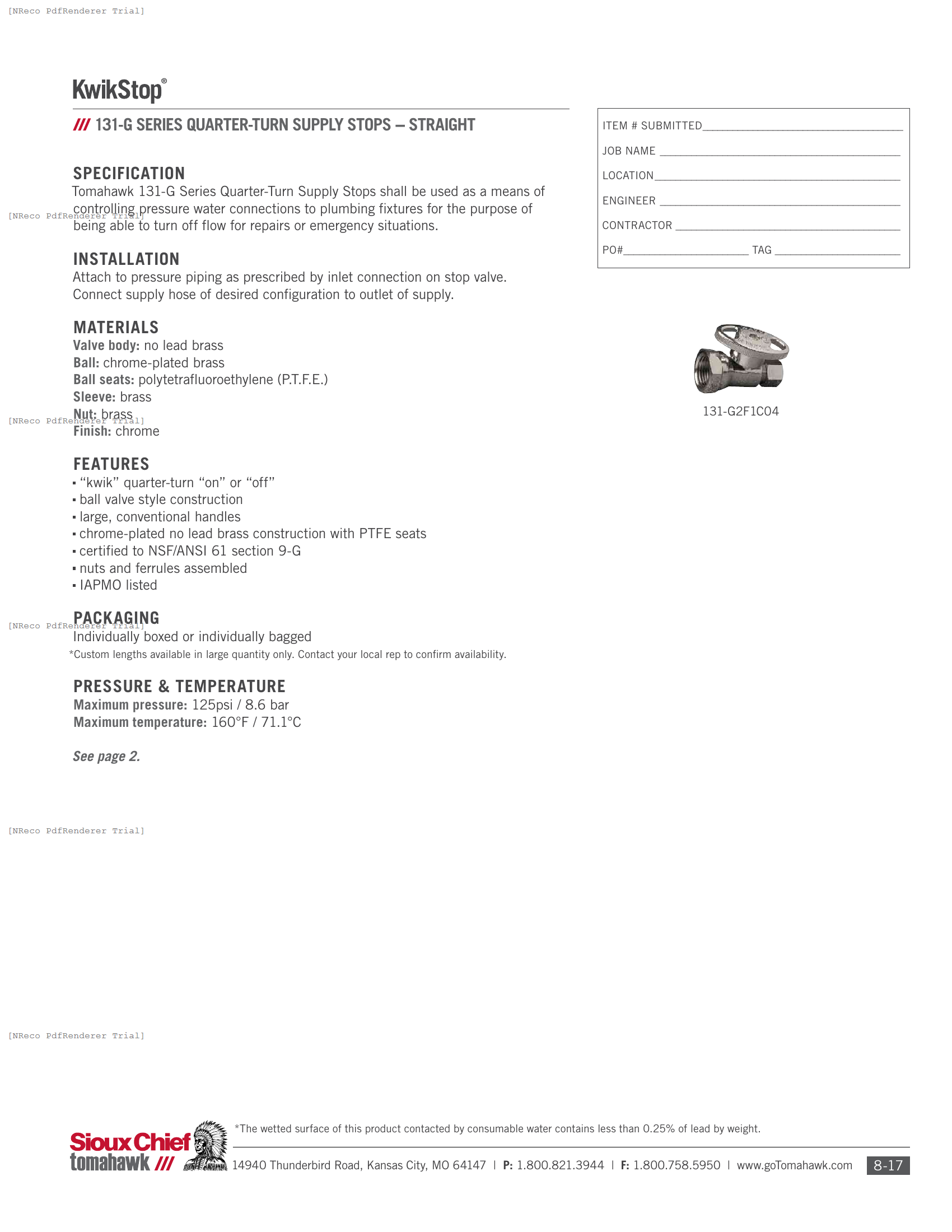 131 SERIES - KWIKSTOP QUARTER-TURN STRAIGHT SUPPLY STOP - SPEC SHEET.PDF Specification Document